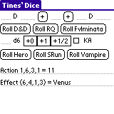 Screen capture Screen for D&D, RQ, Shadowrun, Vampire and Fulminata die rolling app